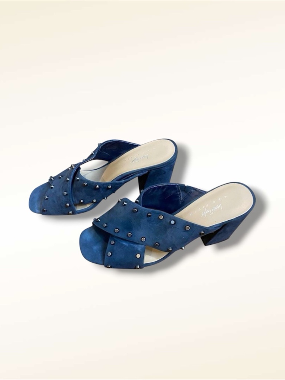 Lord & Taylor 424 Fifth Blue Suede‎ Studded Mule Sandals Block Heel Women's 9